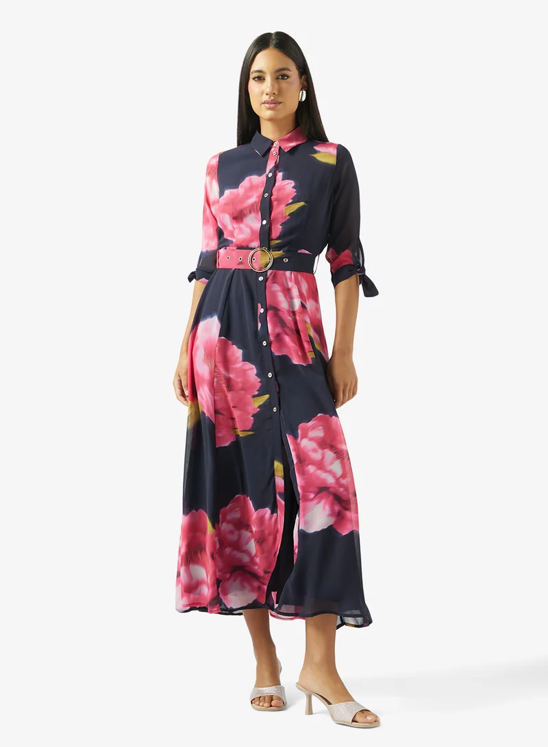 Belted Floral Print Maxi Dress