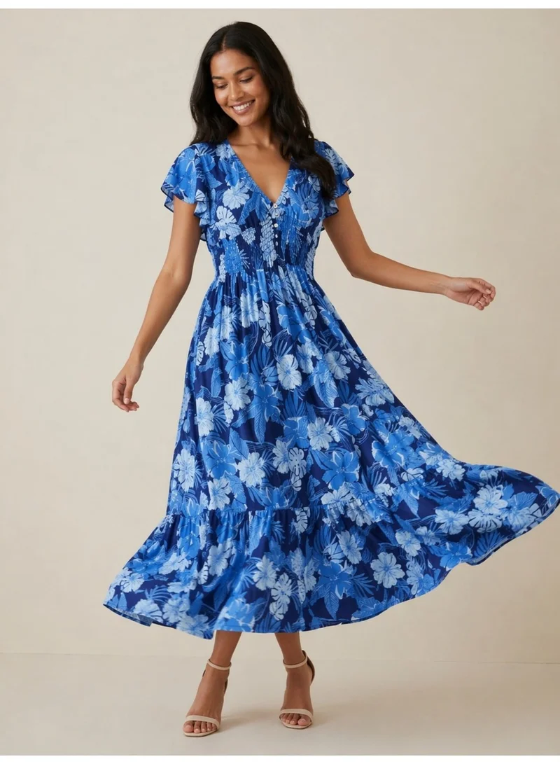 Floral V-Neck Flutter Sleeve Dress Blue