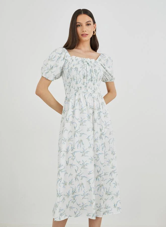Floral Print Puff Sleeve Smocked Midi Dress