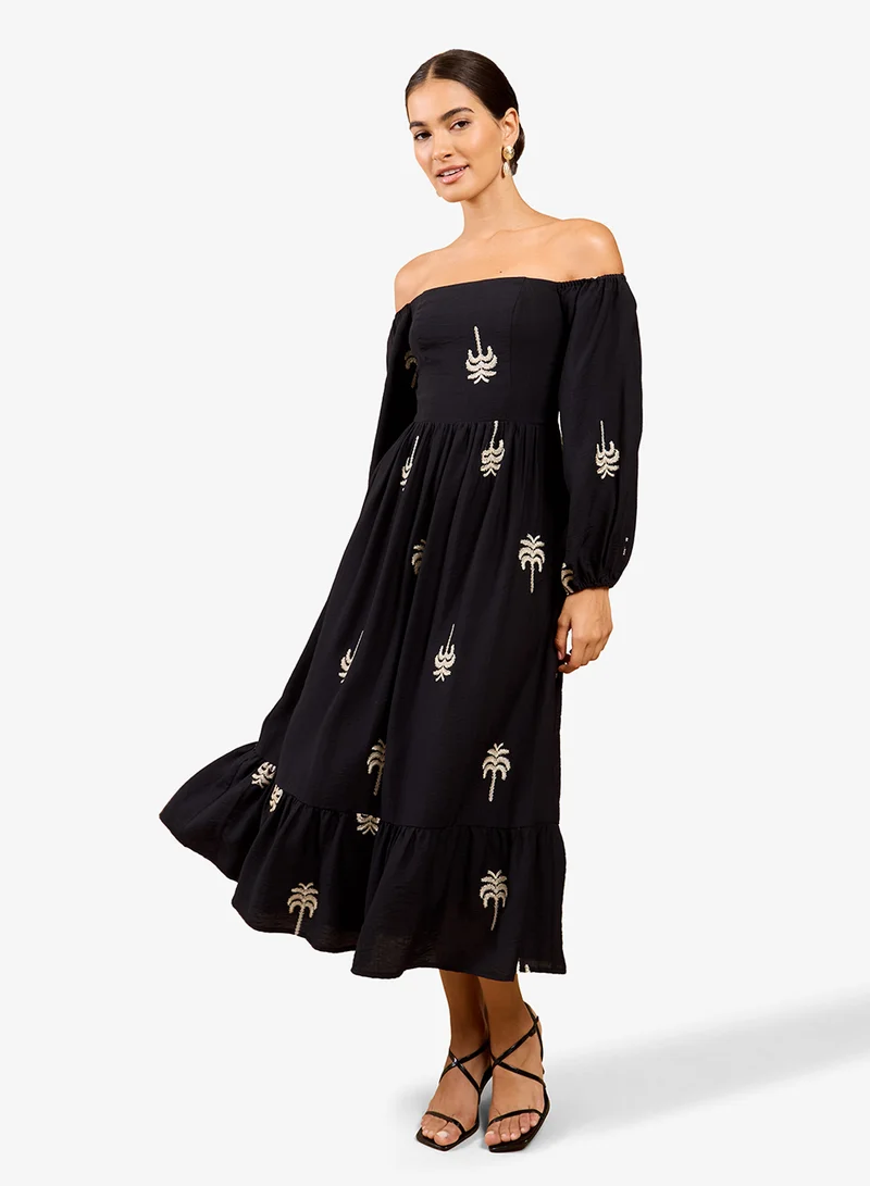Embroidered Bardot Midi Dress Black