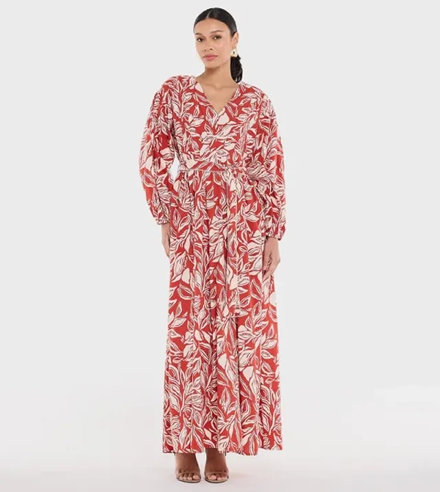 فستان BCBG نسائي ماكسي أحمر بتصميم ملفوف وأكمام طويلة وطبعة