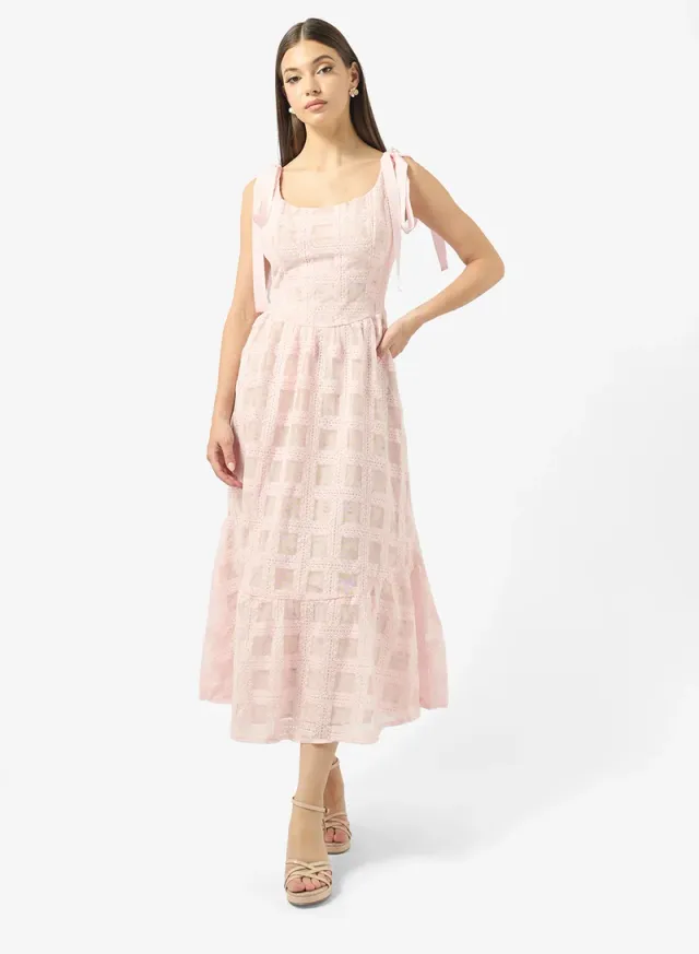 Lace Detail Shoulder Tie Midi Dress