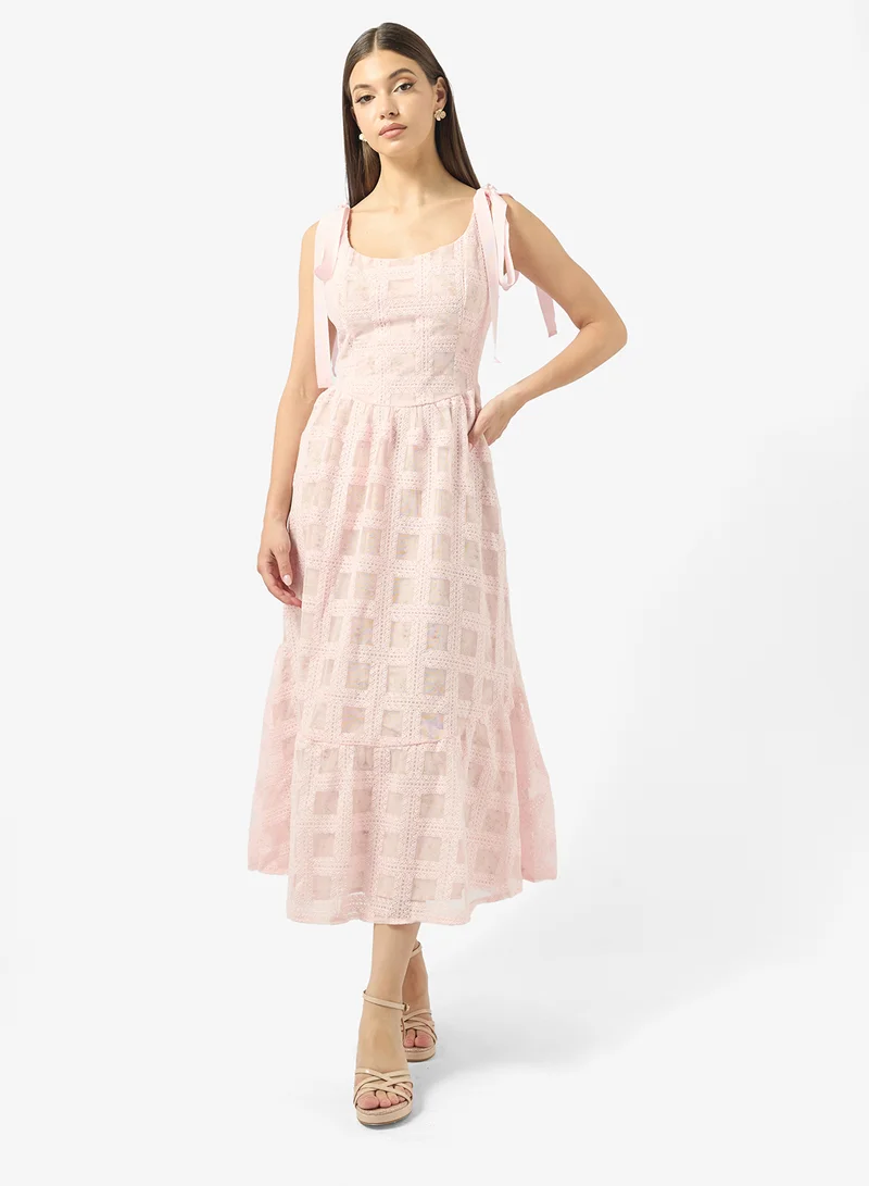 Lace Detail Shoulder Tie Midi Dress