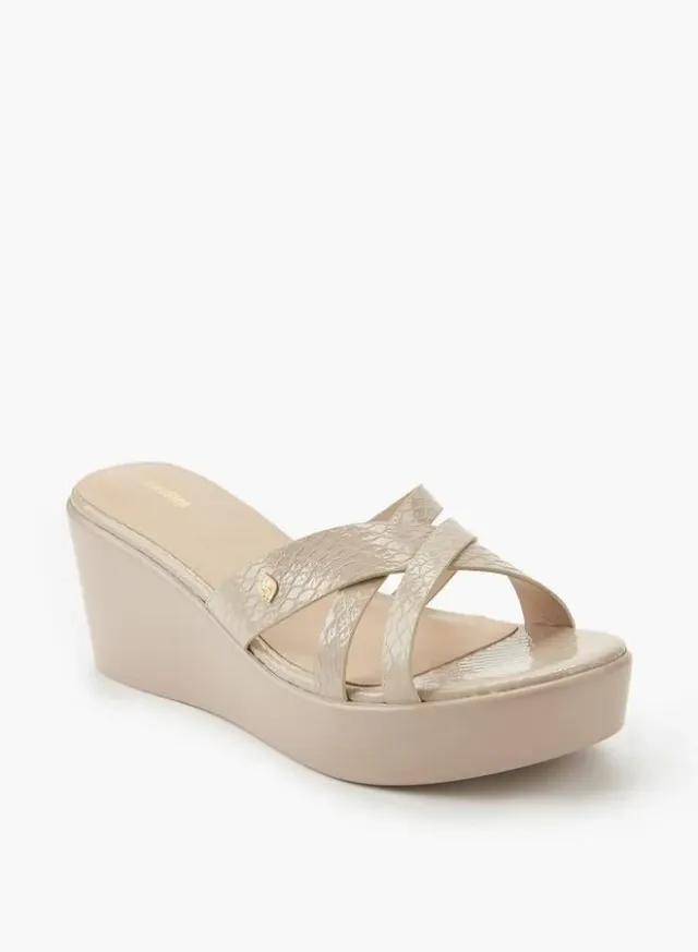 Nude PU Wedge Heel Sandals with Cross Strap - Slip On – image 2
