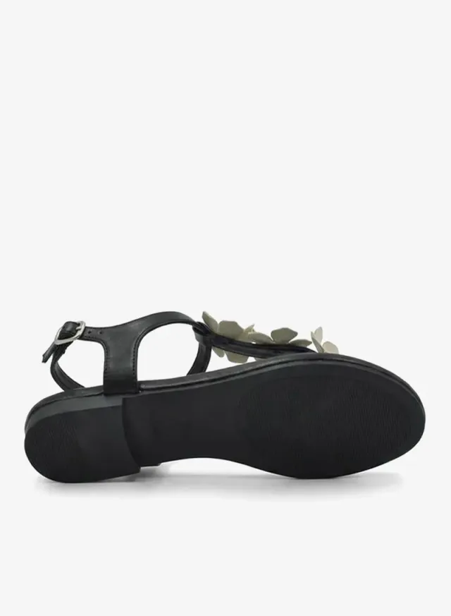 Floral Applique Flat Sandals Black