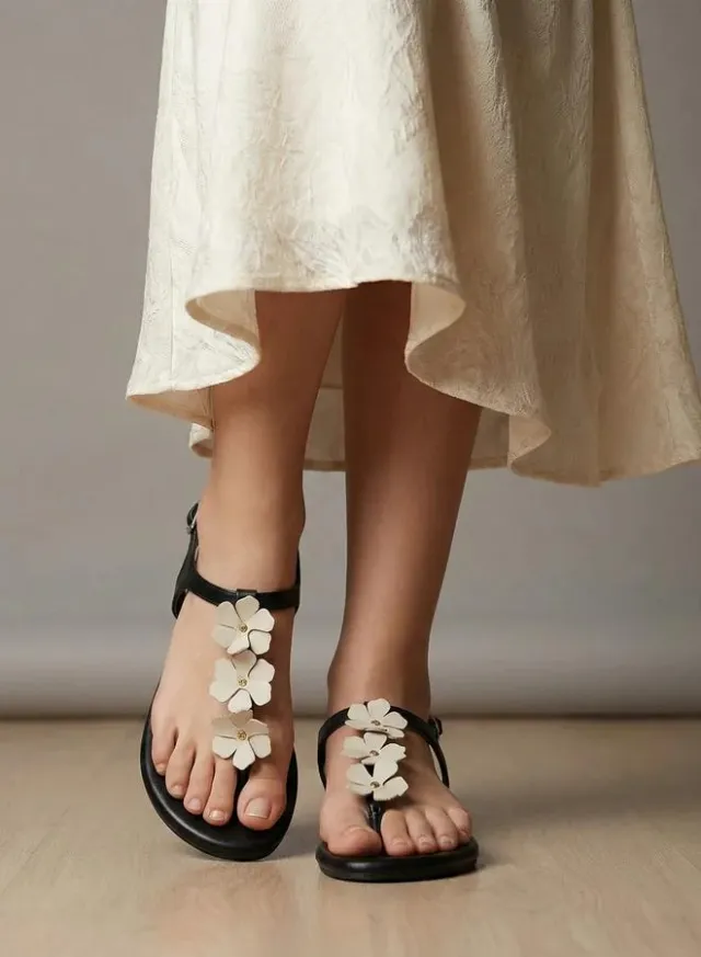 Floral Applique Flat Sandals Black – image 4