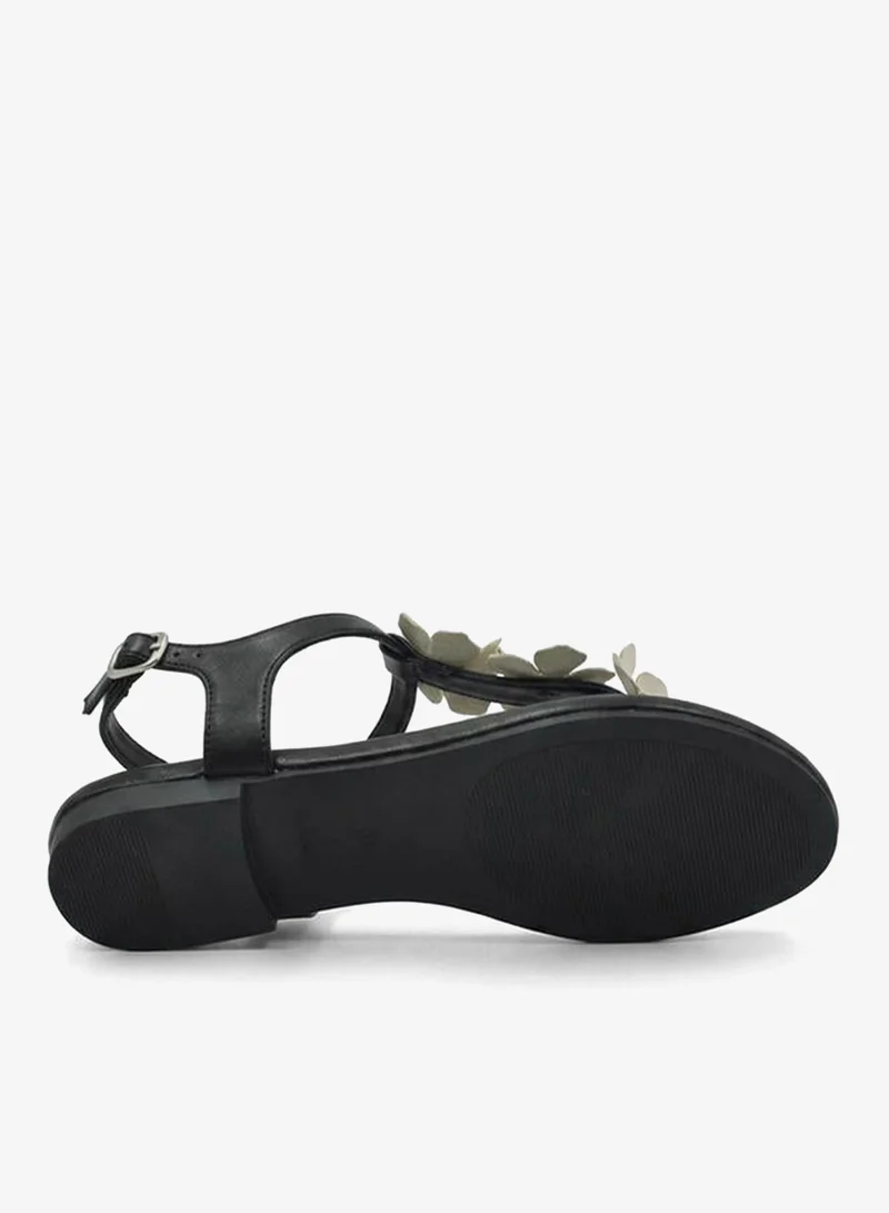 Floral Applique Flat Sandals Black