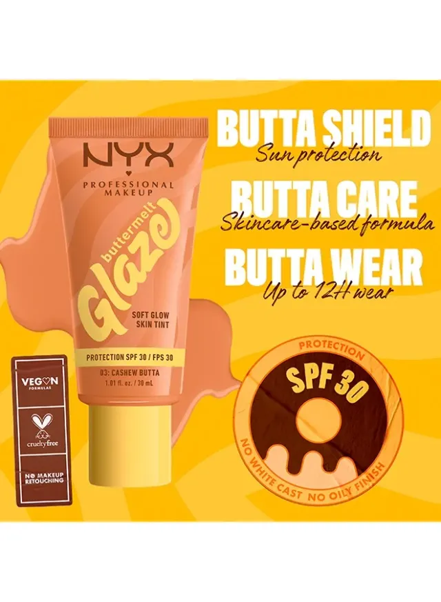 NYX Buttermelt Glaze Soft Glow Skin Tint Foundation SPF 30 12hr Wear, Cashew Butta – image 8