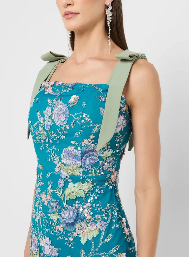 Teal Floral Mini Fit & Flare Sequin Embellished Dress – image 3