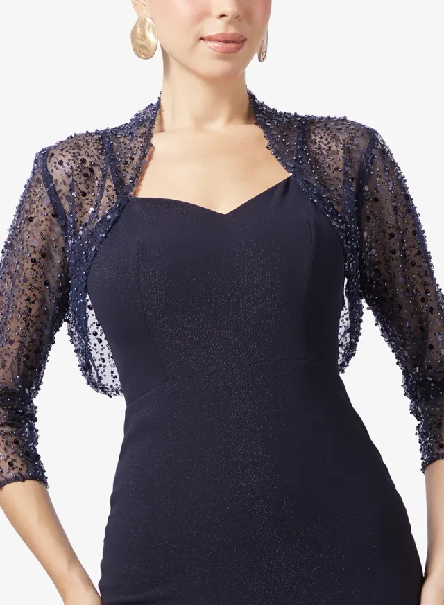 Navy Blue Sweetheart Neck Fit & Flare Maxi Dress with Embellished Sleeves – image 3