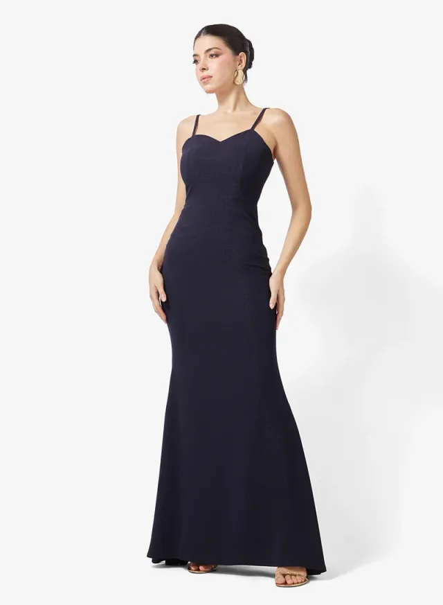 Navy Blue Sweetheart Neck Fit & Flare Maxi Dress with Embellished Sleeves – image 5