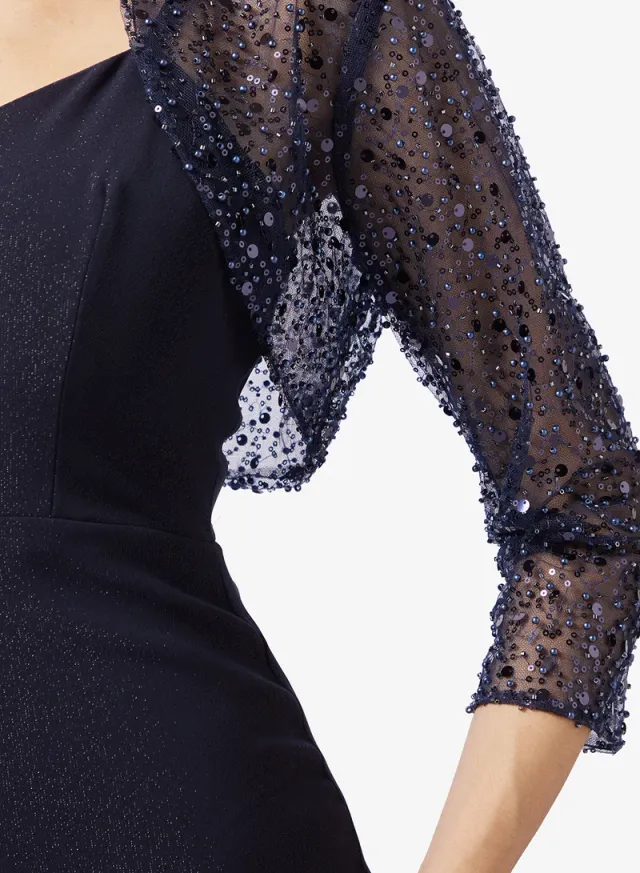 Navy Blue Sweetheart Neck Fit & Flare Maxi Dress with Embellished Sleeves – image 6
