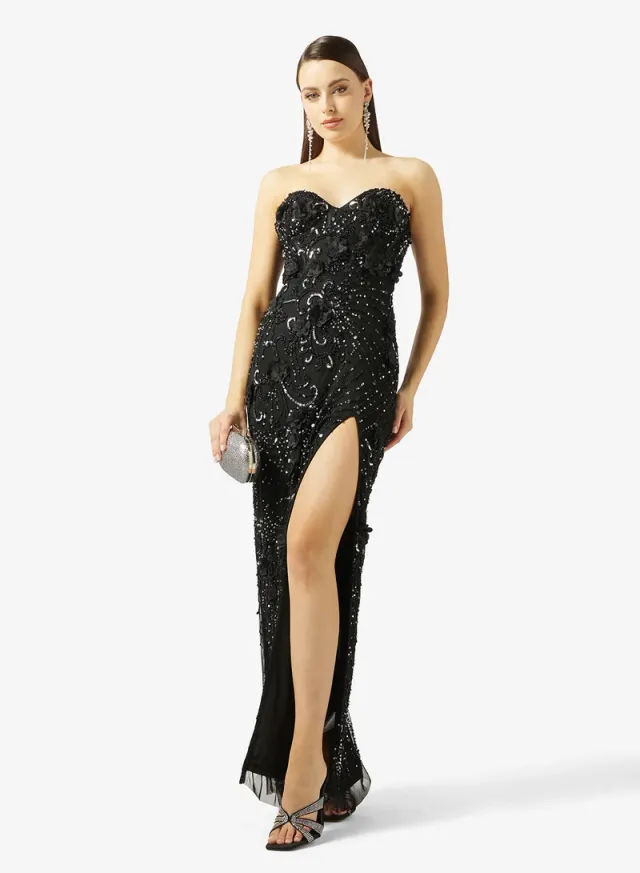 Black Maxi Beaded Bodycon Evening Dress with Sweetheart Neckline – image 4