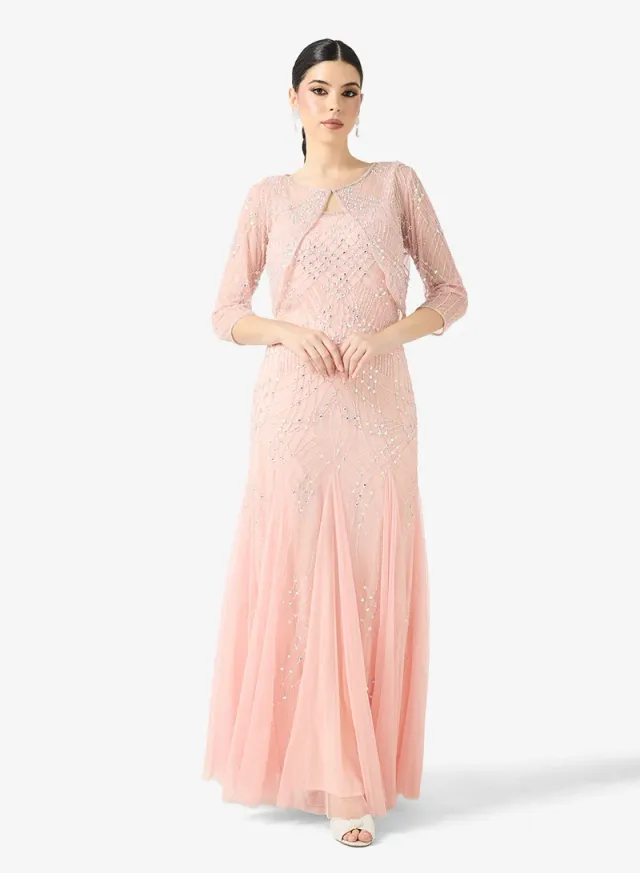 Navy Fit & Flare Maxi Evening Dress with Three-Quarter Sleeves and Bolero – image 5