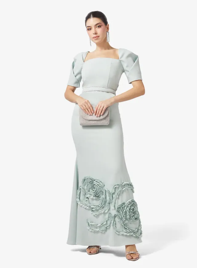 Mint Green Maxi Fit & Flare Evening Gown with Square Neck and Smocked Short Sleeves – image 4