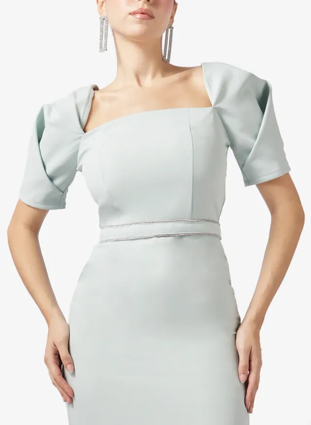 Mint Green Maxi Fit & Flare Evening Gown with Square Neck and Smocked Short Sleeves – image 3