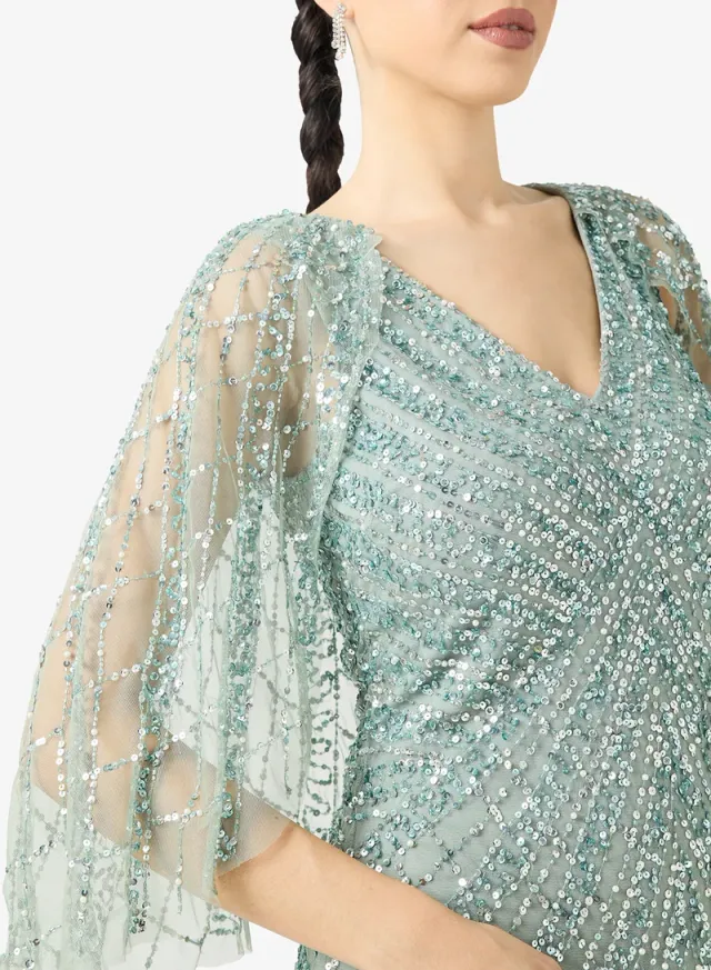 Seafoam Green Sequin Fit & Flare Maxi Evening Dress – image 4