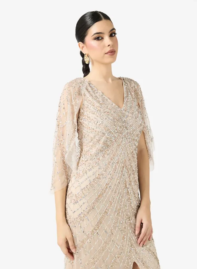 Champagne Sequin Embellished Maxi Fit & Flare Dress – image 3
