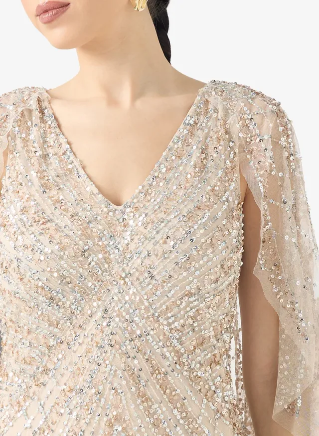 Champagne Sequin Embellished Maxi Fit & Flare Dress – image 4