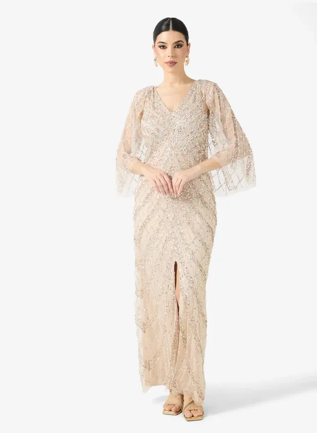Champagne Sequin Embellished Maxi Fit & Flare Dress – image 5