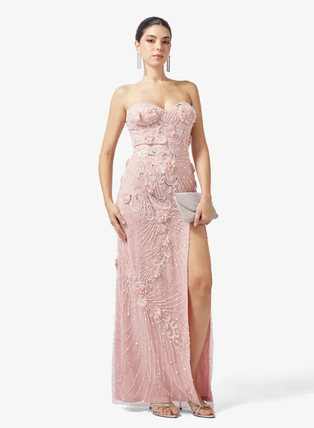 Dusty Pink Sweetheart Neck Beaded Maxi Fit & Flare Dress – image 4