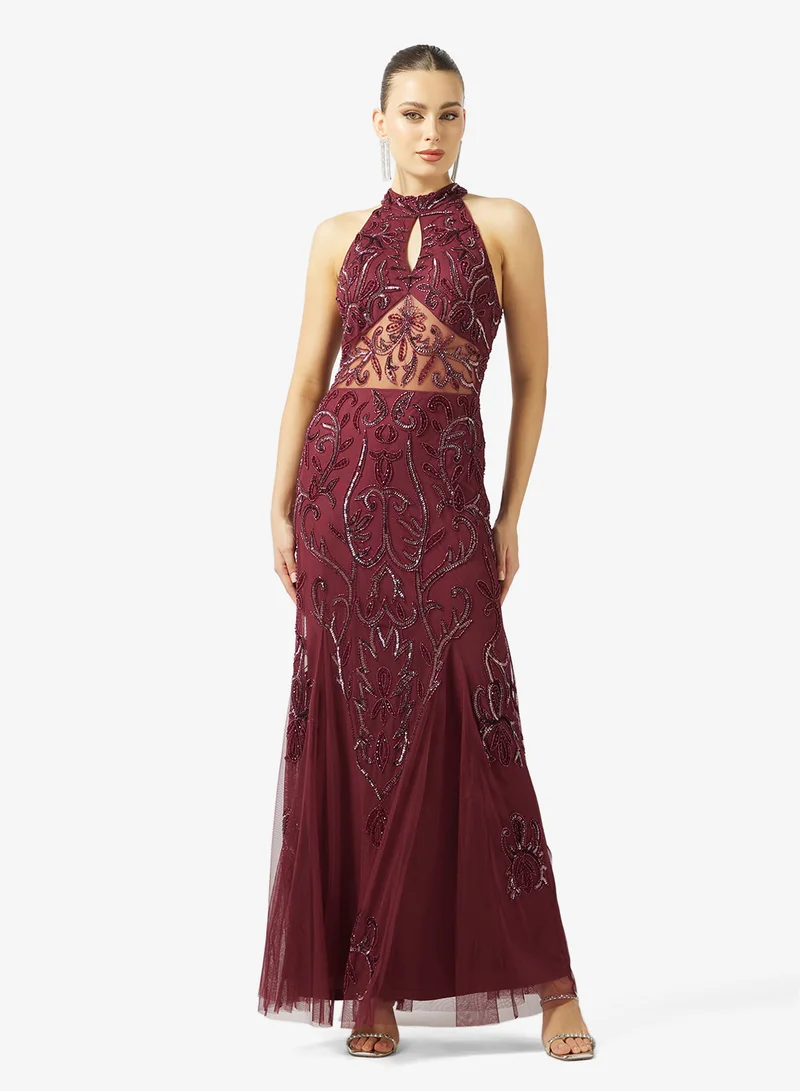 Halter Neck Beaded Evening Dress