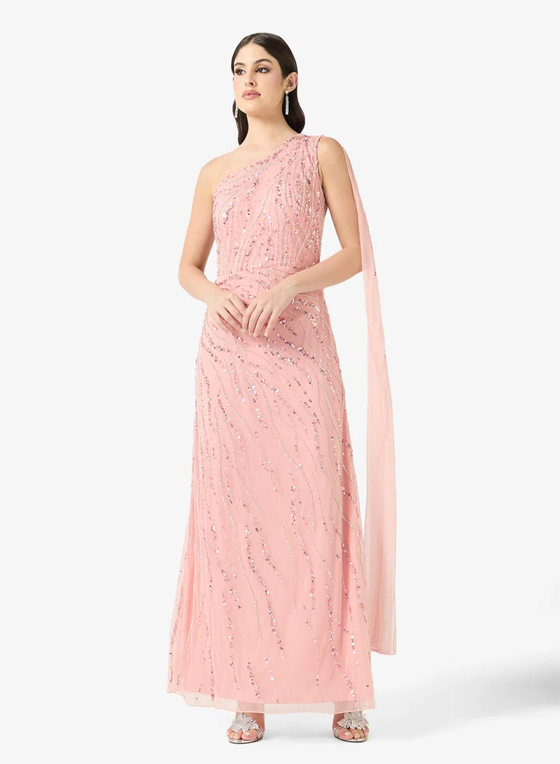 One Shoulder Beaded Cape Sleeve Evening Gown