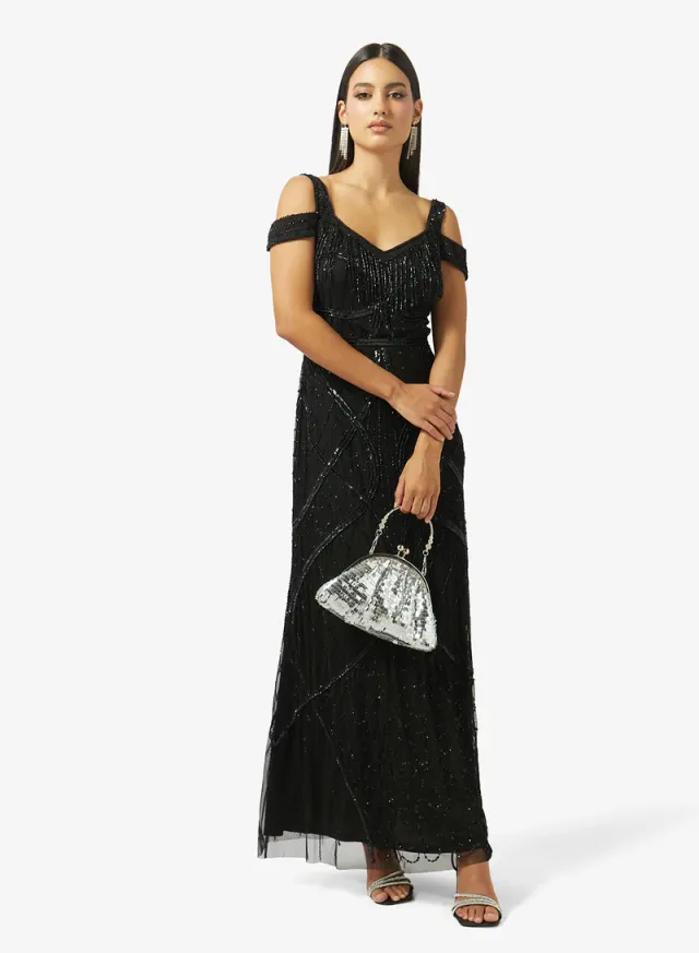 Black Sequined Off-Shoulder Maxi Evening Gown for Women – image 5