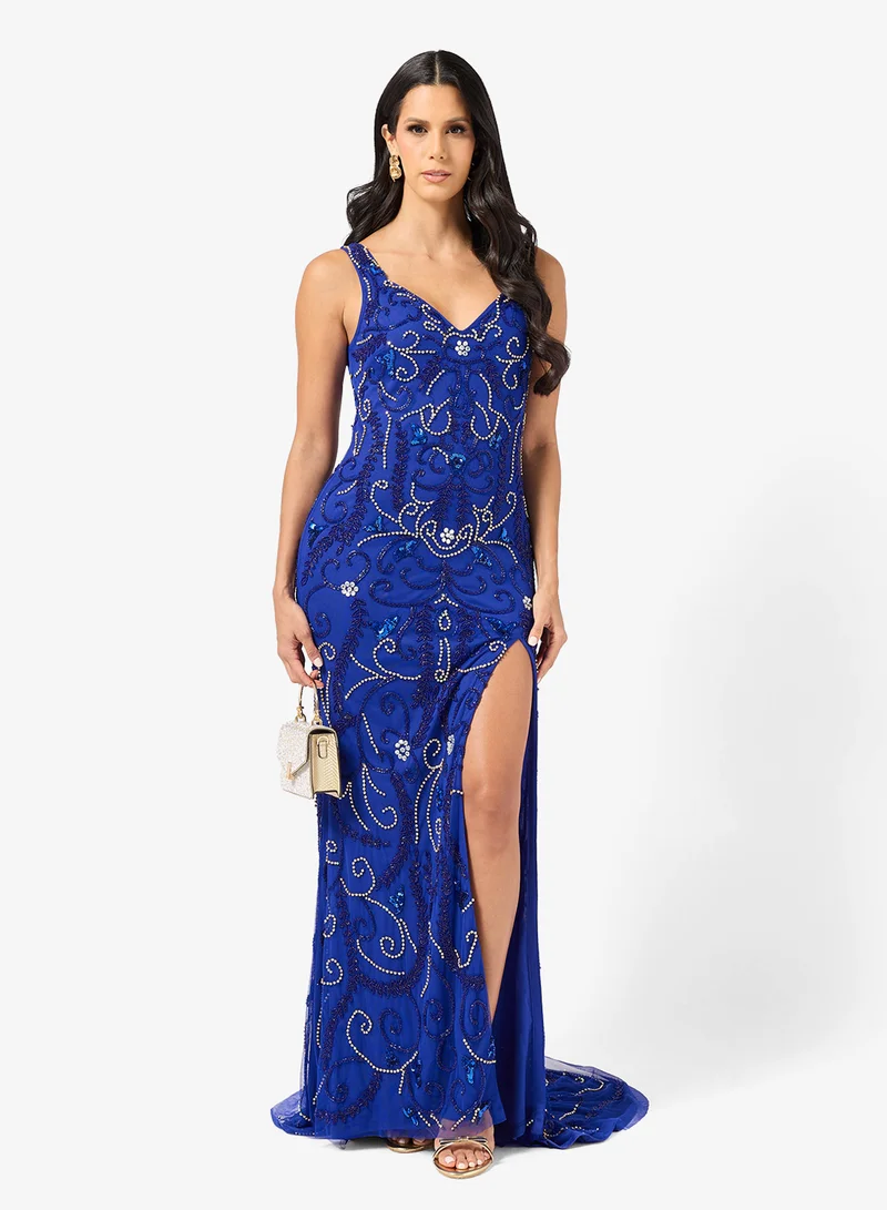 Beaded Slit Evening Gown