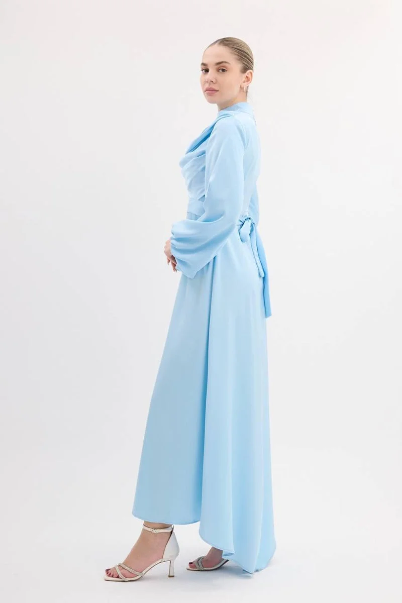 High-Neck Draped Satin Evening Dress