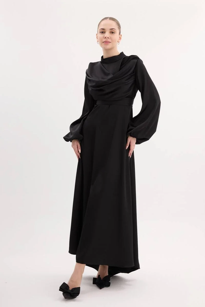 High-Neck Draped Satin Evening Dress