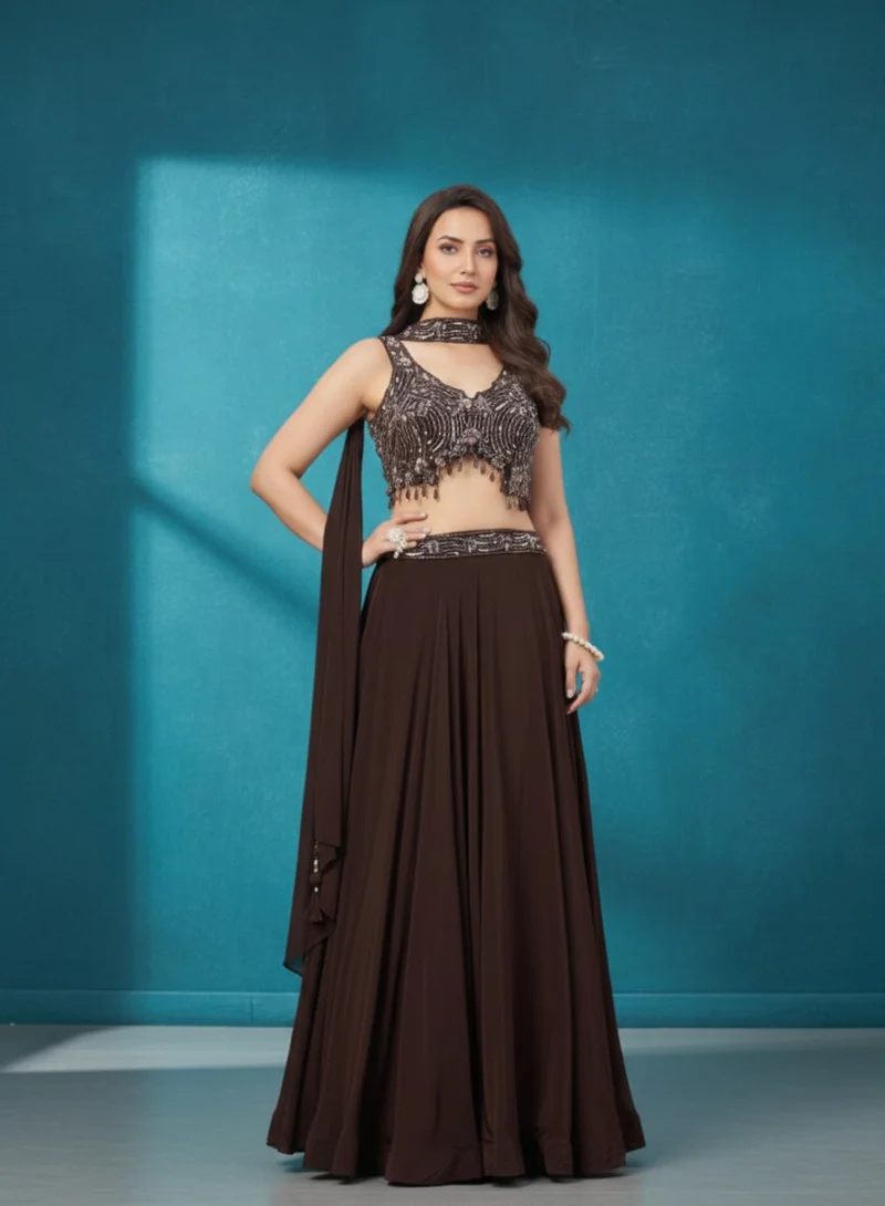 Embroidered Lehenga Choli Set Coffee Brown
