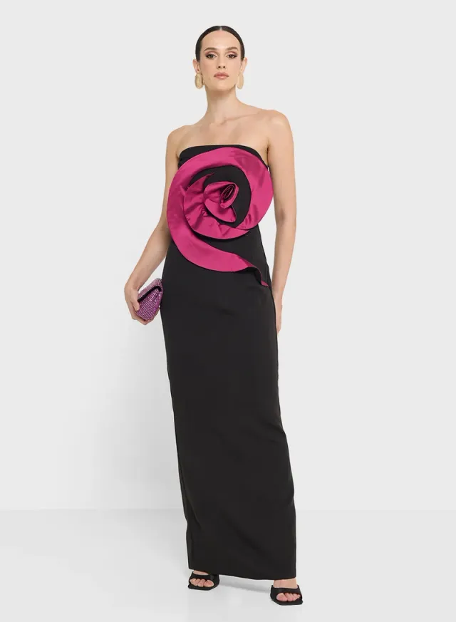 Black Maxi Bandeau Dress with Statement Floral Detail – image 5