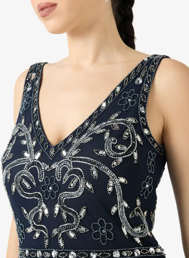 Navy Blue Embellished Maxi Fit & Flare Evening Dress – image 4