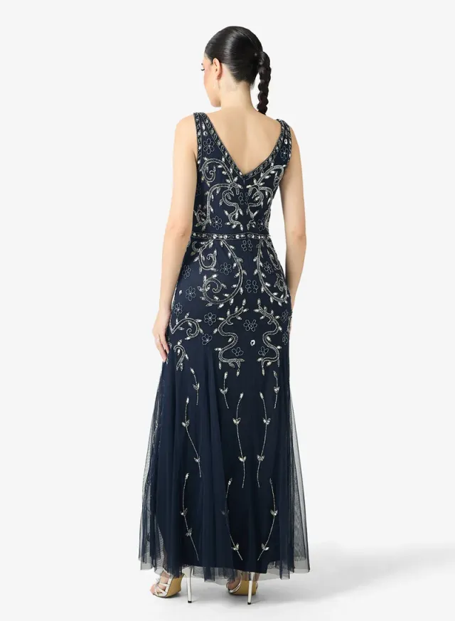 Navy Blue Embellished Maxi Fit & Flare Evening Dress – image 2
