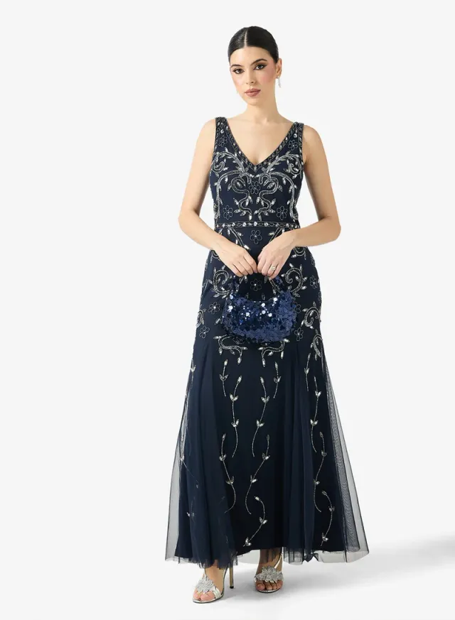 Navy Blue Embellished Maxi Fit & Flare Evening Dress – image 5