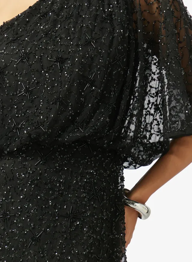 Black One-Shoulder Embellished Maxi Fit & Flare Evening Gown – image 4