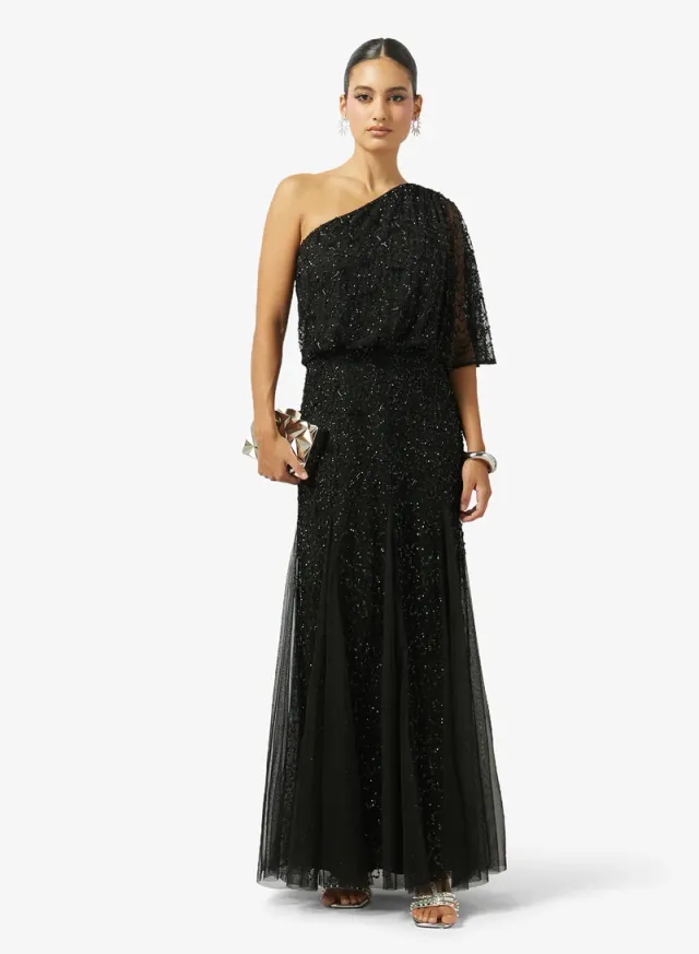 Black One-Shoulder Embellished Maxi Fit & Flare Evening Gown – image 5