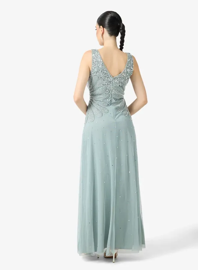Light Blue Maxi Fit & Flare Embellished V-Neck Evening Dress – image 2