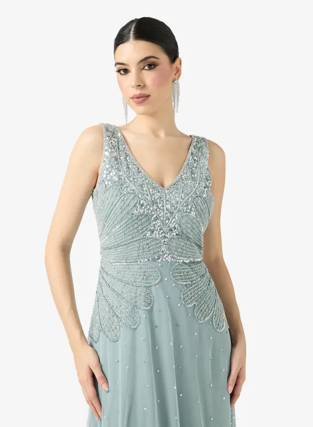 Light Blue Maxi Fit & Flare Embellished V-Neck Evening Dress – image 3