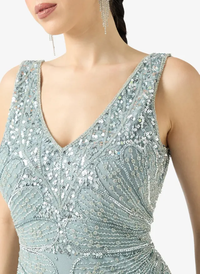 Light Blue Maxi Fit & Flare Embellished V-Neck Evening Dress – image 4