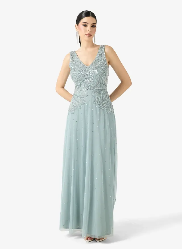 Light Blue Maxi Fit & Flare Embellished V-Neck Evening Dress – image 5