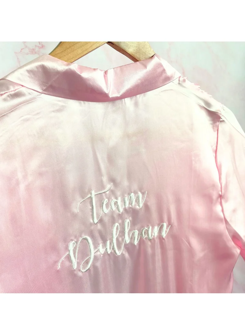 Team Dulhan Silk Bridal Robe Full Length Pink & White