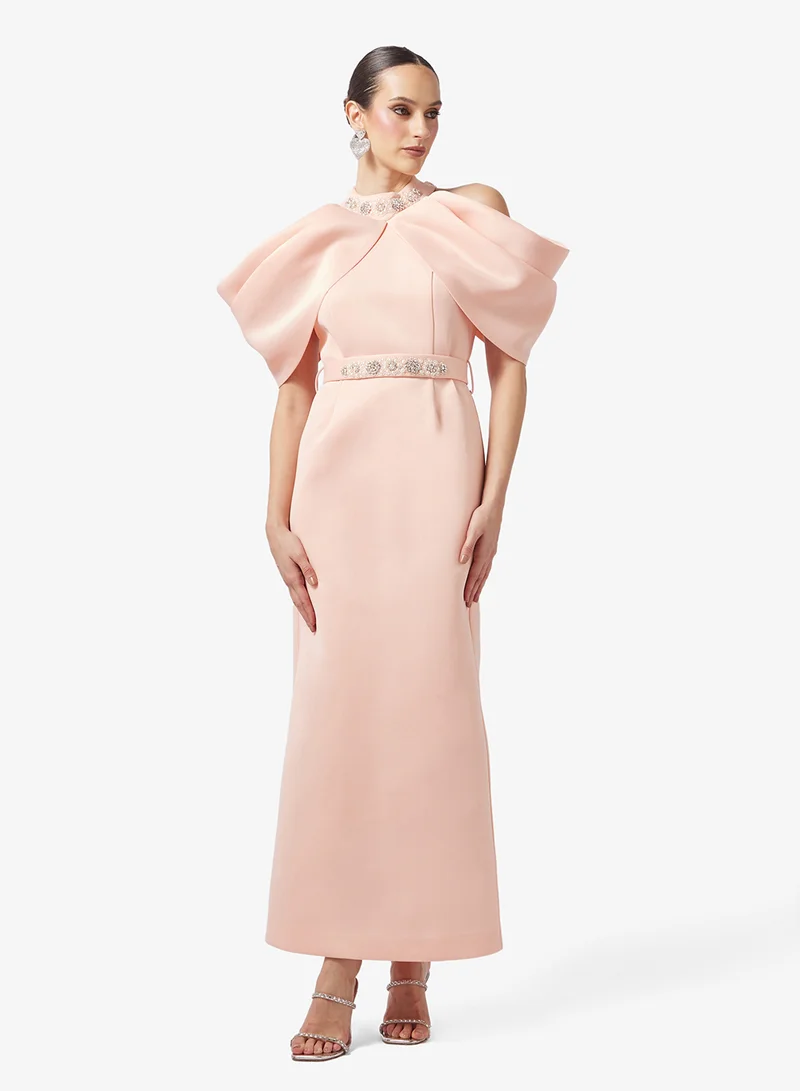 Jewel Embellished Off-Shoulder Evening Dress