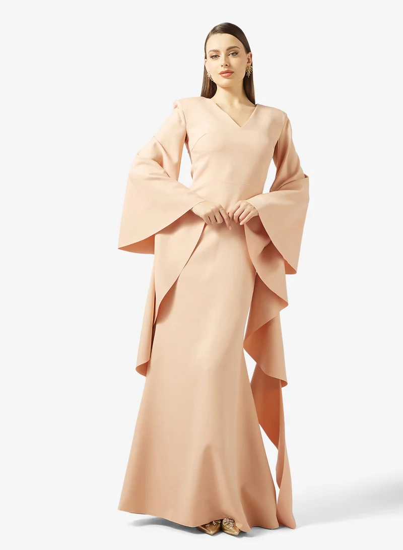 Cape Ruffle Sleeve Evening Gown