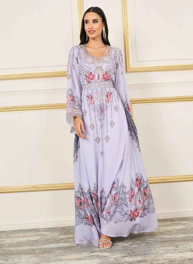 Styli Digital Print Belted Rhinestone-Embellished Jalabiya