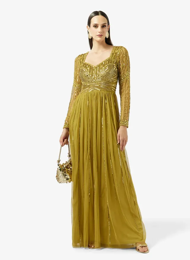 Olive Green Beaded Sweetheart Neck Maxi Evening Gown – image 5