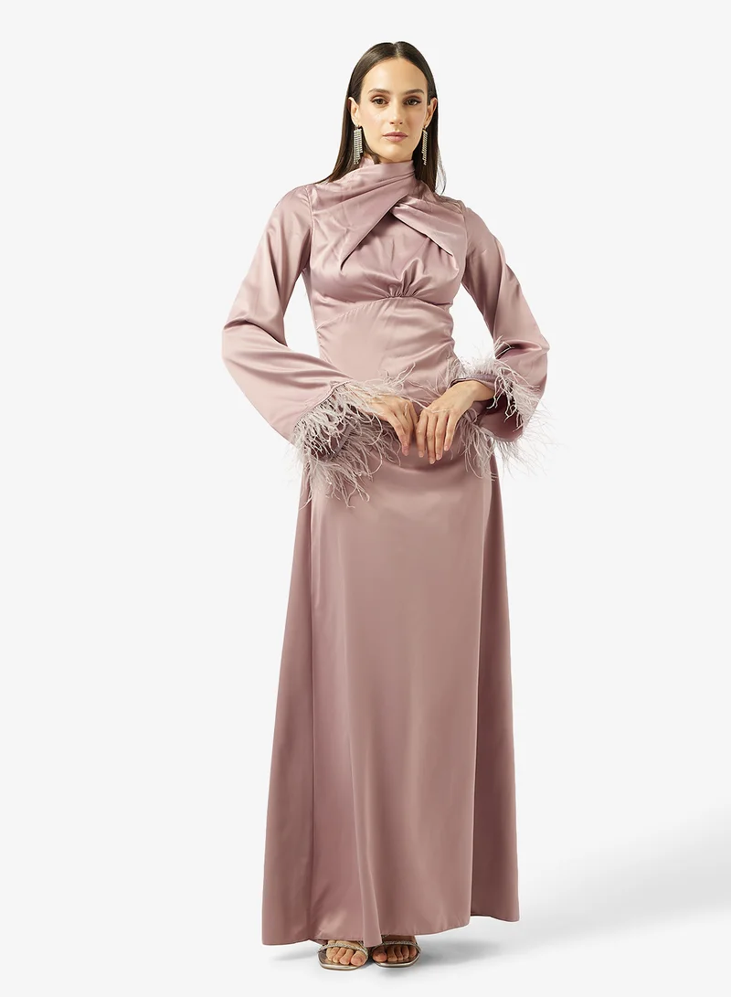 Feather Trim High Neck Evening Gown