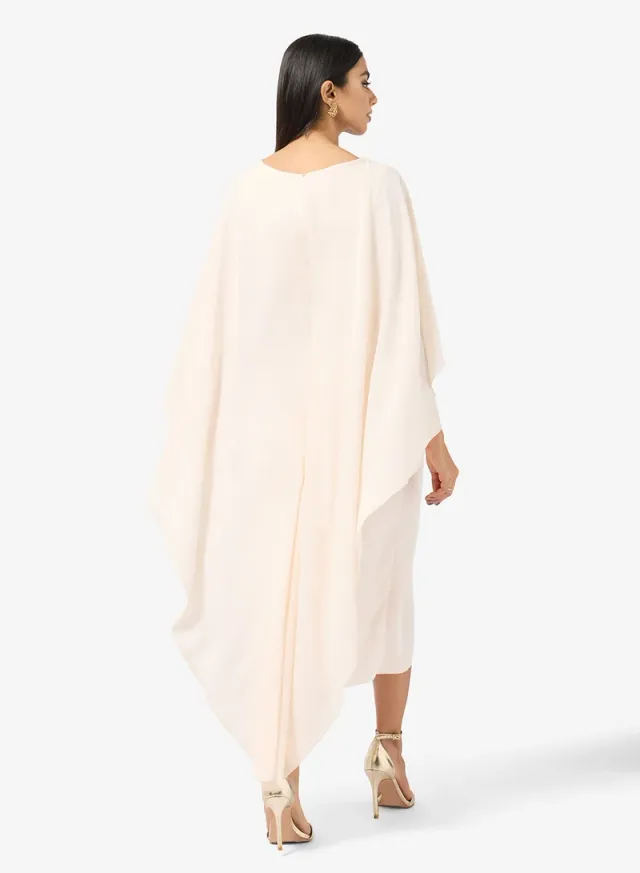 Pale Peach Midi Wrap Dress with Exaggerated Cape – image 2