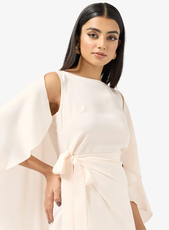 Pale Peach Midi Wrap Dress with Exaggerated Cape – image 3